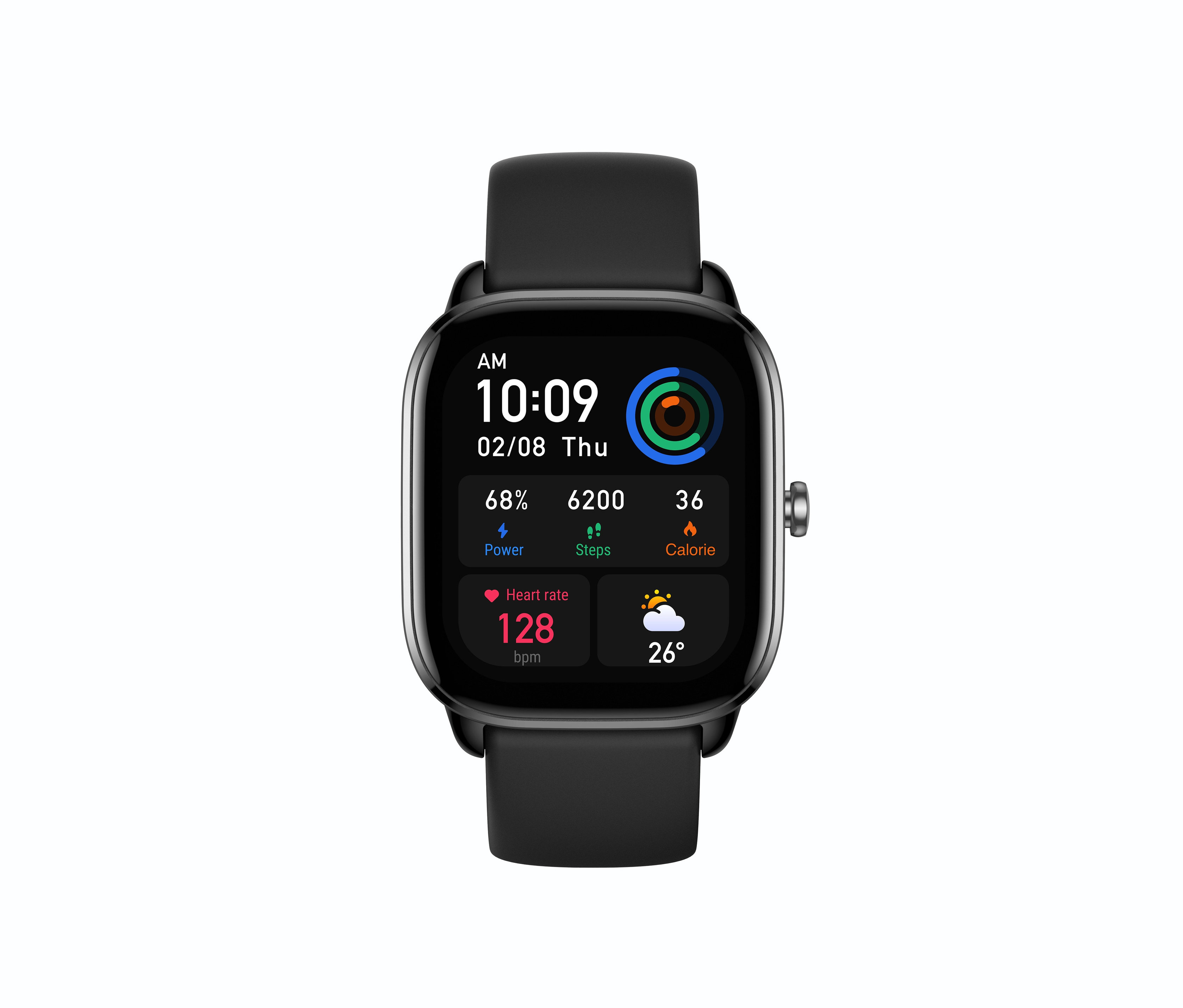 Eine schwarze Smartwatch mit schwarzem Armband zeigt die Uhrzeit 10:09 und das Datum 8. Februar an. Zu sehen ist die Amazfit GTS 4 Mini-Smartwatch in Midnight Black.