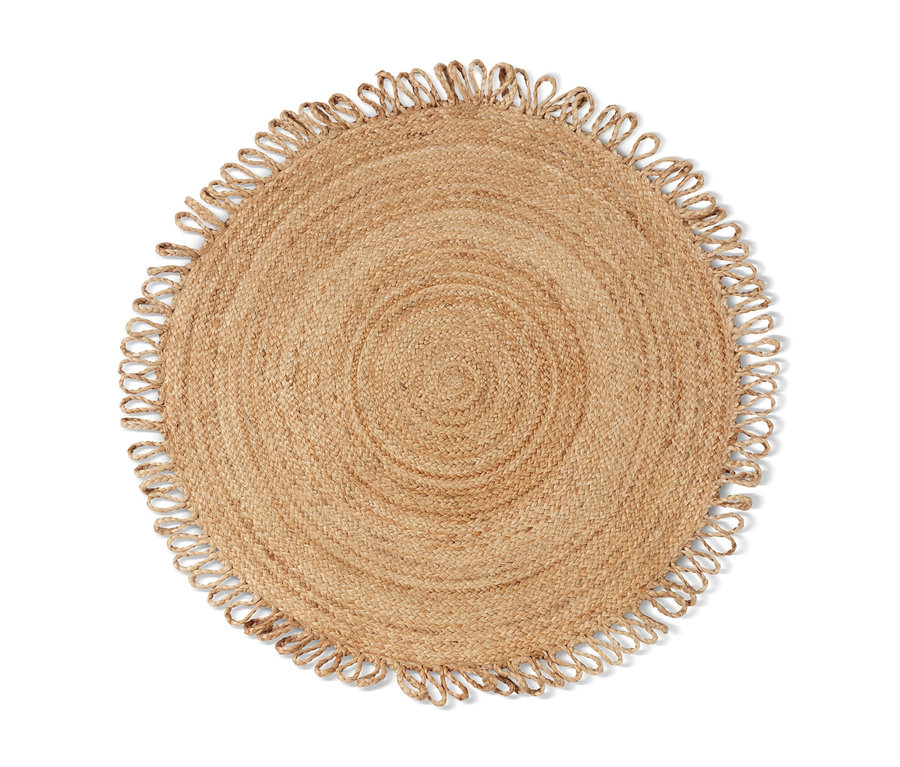 Draufsicht eines runden Jute-Teppichs (ca. 100 cm Durchmesser) mit dekorativer Bordüre.