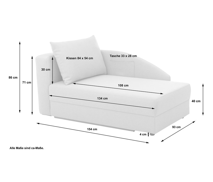 Abmessungen der anthrazitfarbenen Polsterliege Tobi mit klappbarer Rückenlehne links und Kissen.