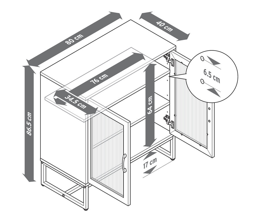 Abmessungen des Sideboards mit Glastüren.