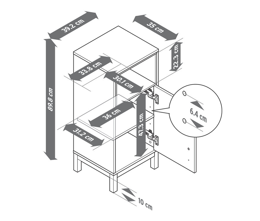 Die Maße des flachen Bad-Beistellschranks »Eklund« sind mit Pfeilen dargestellt.