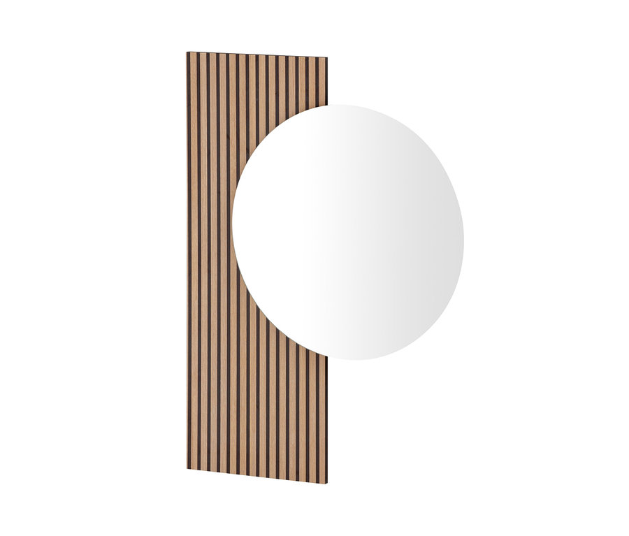 Runder Spiegel »Loft«, teilweise von einer Holzpaneele mit Lamellen verdeckt.