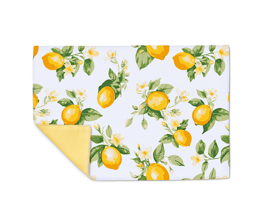 Ein 4er-Set Wende-Platzsets mit Zitronenmuster.