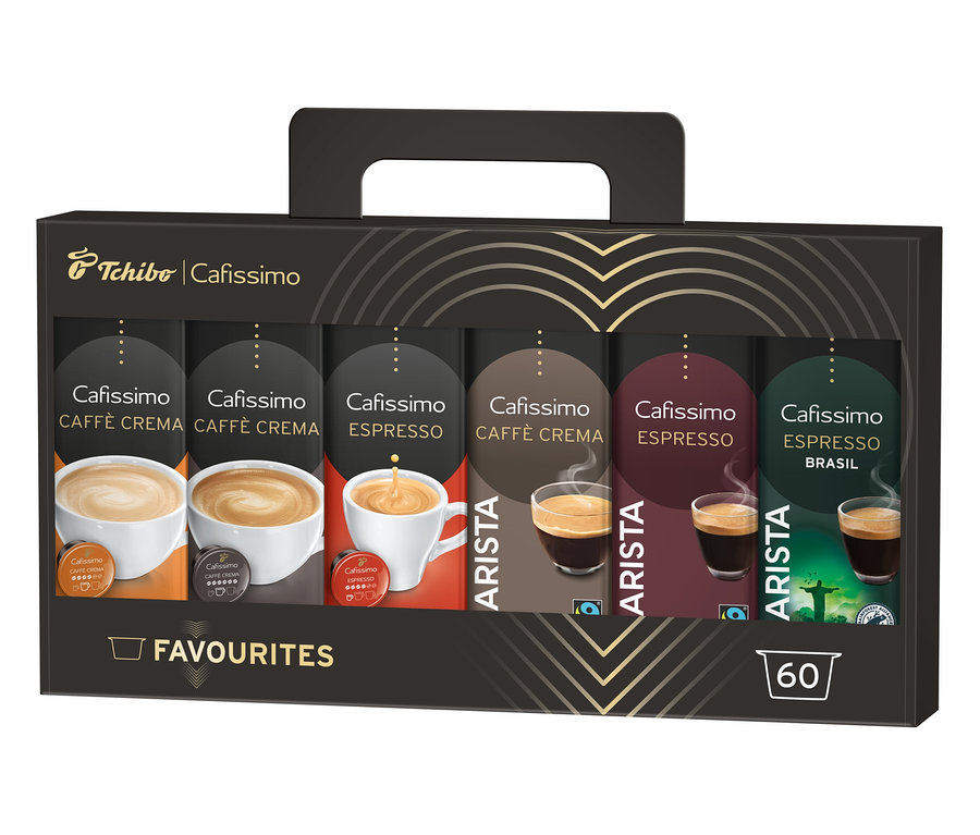 Eine Cafissimo Favourite Collection Packung mit verschiedenen Kaffeekapseln.
