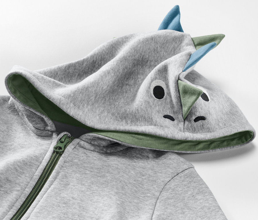 Detail einer Kinder-Sweatjacke mit Dino-Applikation und Kapuze.