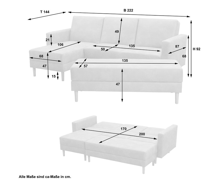 Abbildung eines Federkern-Eckschlafsofas »Just More« mit Stauraumbank, sahara, mit Maßangaben.