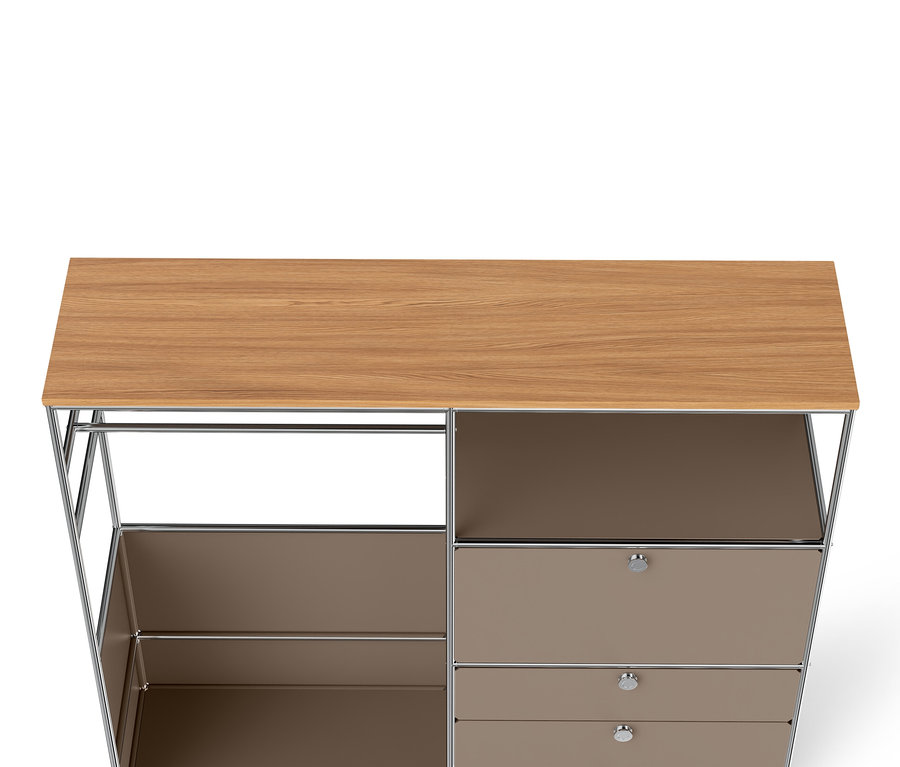 Detailansicht der Kommode Metall »CN3« mit Holzplatte, 1 Kleiderstange, 1 Klappfach und 3 Schubladen, taupe.