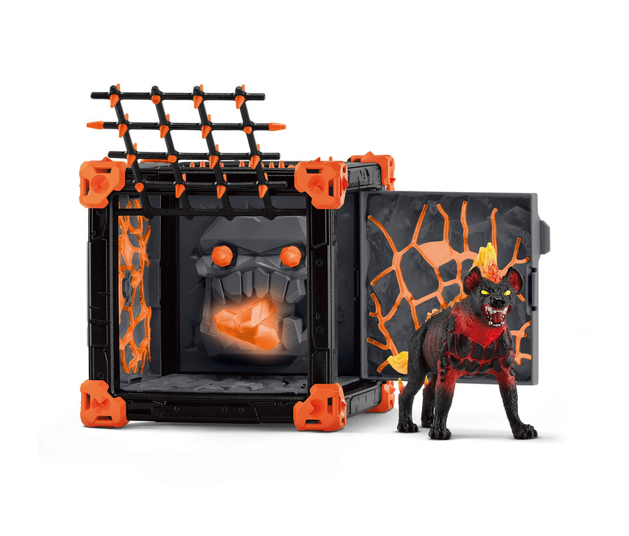 Schleich Eldrador BattleCave Lavahyäne und Lavahyäne Figur steht daneben.