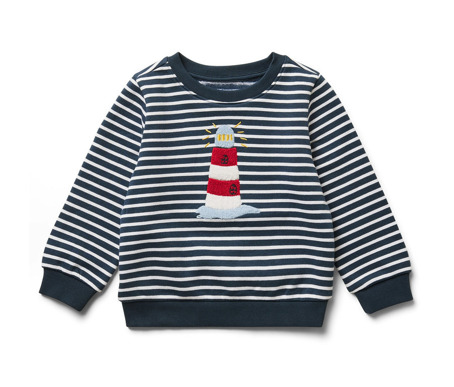 Blaues Baby-Sweatshirt mit angerauter Innenseite, Streifen und Leuchtturm-Applikation.