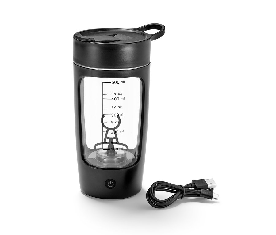 Ein schwarzer, akkubetriebener Powershaker und ein Ladekabel.