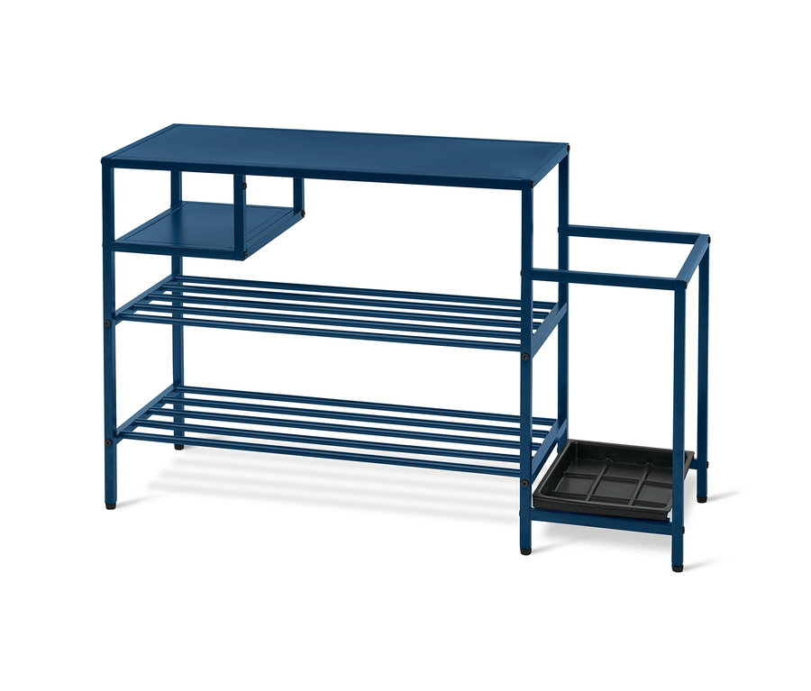 Blaues Aufbewahrungsregal mit Ablagen und einem Schirmständer.