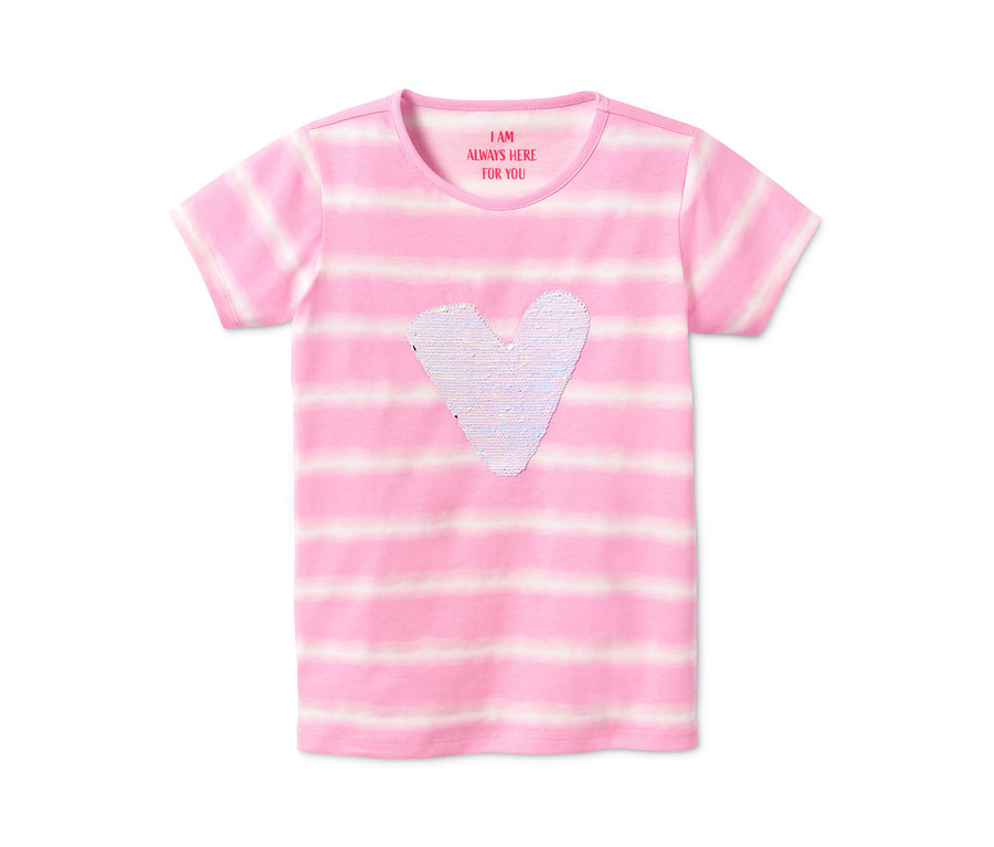 Rosa T-Shirt aus Bio-Baumwolle mit Paillettenherz und Schriftzug.