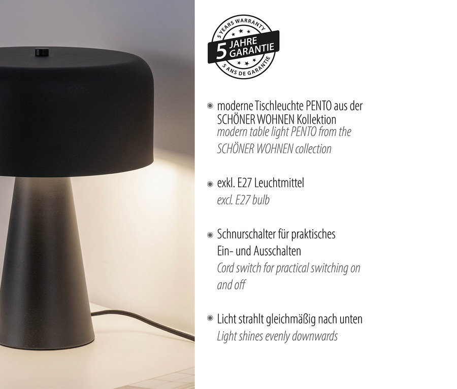 Eine moderne schwarze Tischleuchte PENTO aus der SCHÖNER WOHNEN Kollektion.