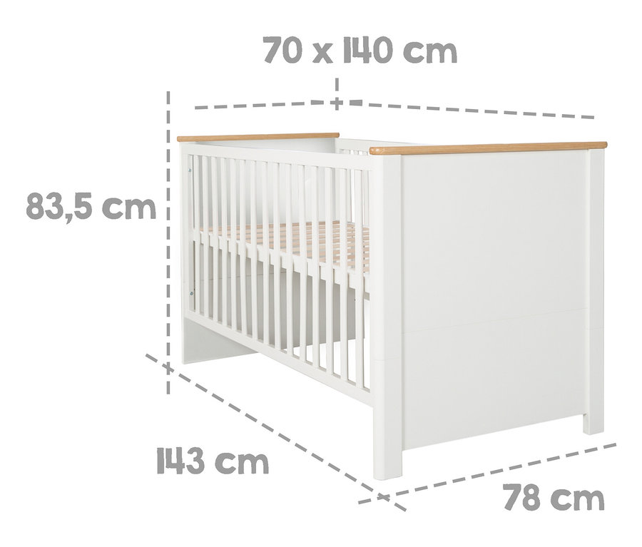 Abmessungen des roba Kombi-Kinderbetts »Ava« sind 70 x 140 cm.