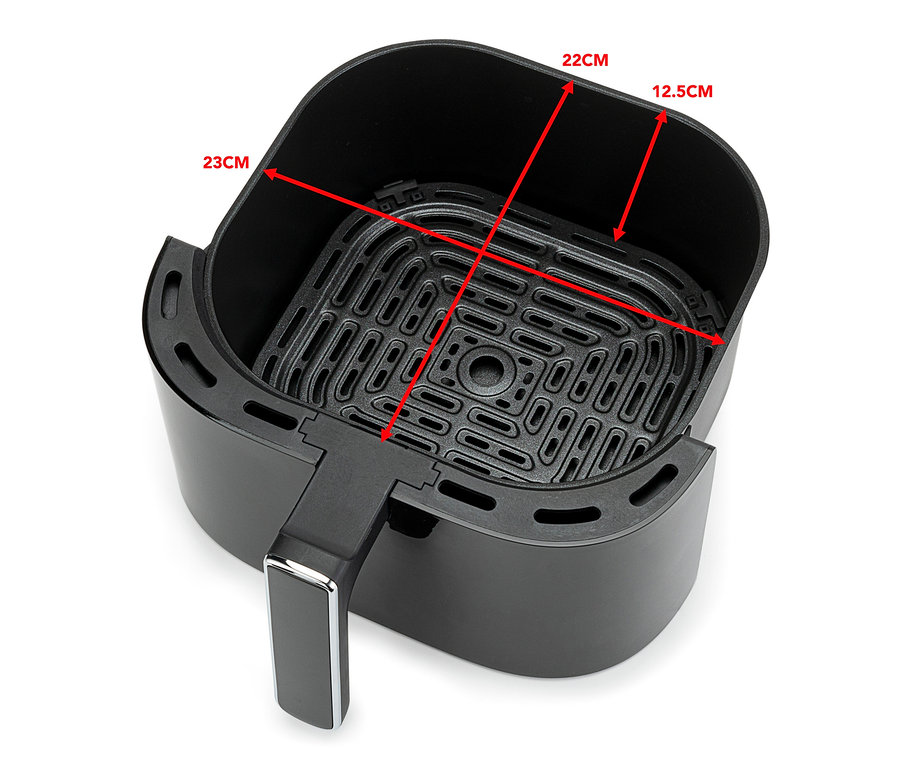 Eine schwarze WILFA Dualfry Heißluftfritteuse, 6 l, mit hervorgehobenen Maßen.