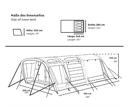 Diagramm einer Strichzeichnung des Tambu 4-Personen-Familienzelt BISALA 4 mit Abmessungen.