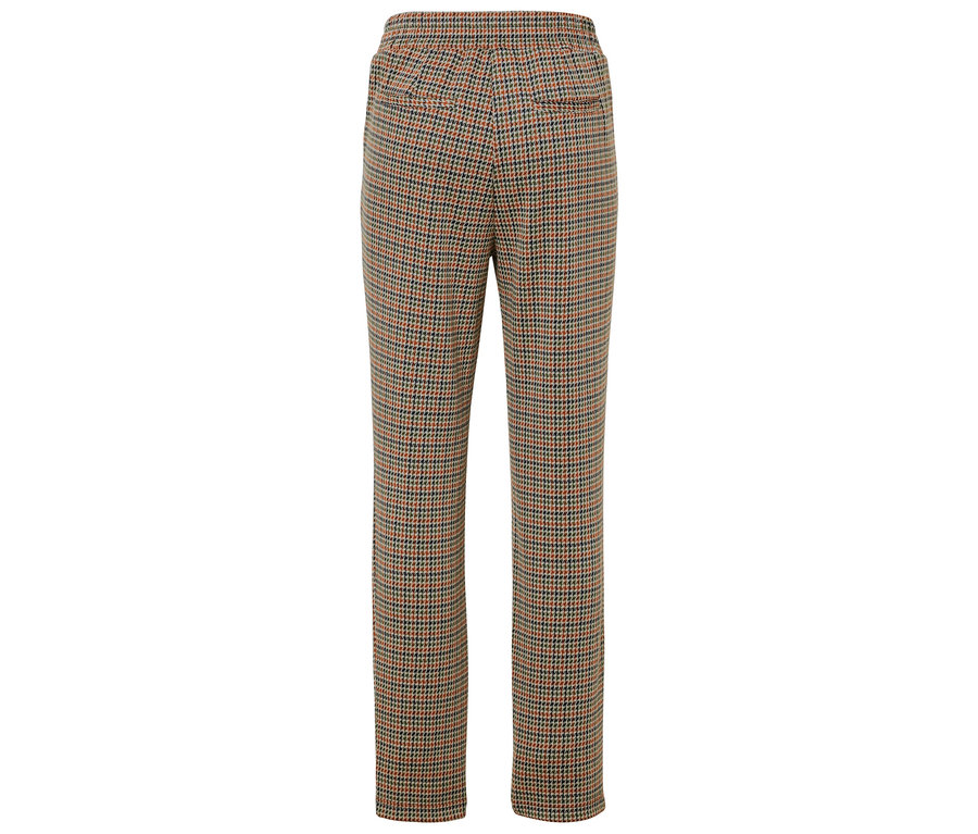 Detail der Rückseite einer braunen Hahnentrittmuster Hose.
