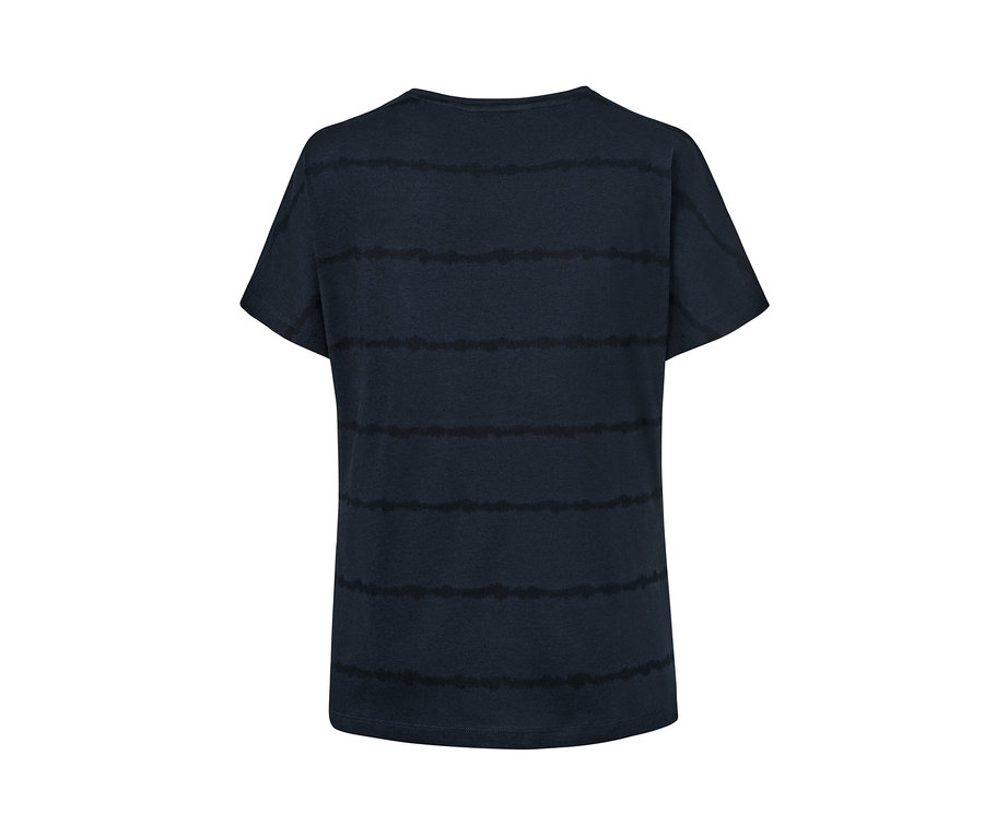 Dunkelblaues Shirt mit Rundhalsausschnitt und horizontalen Streifen.
