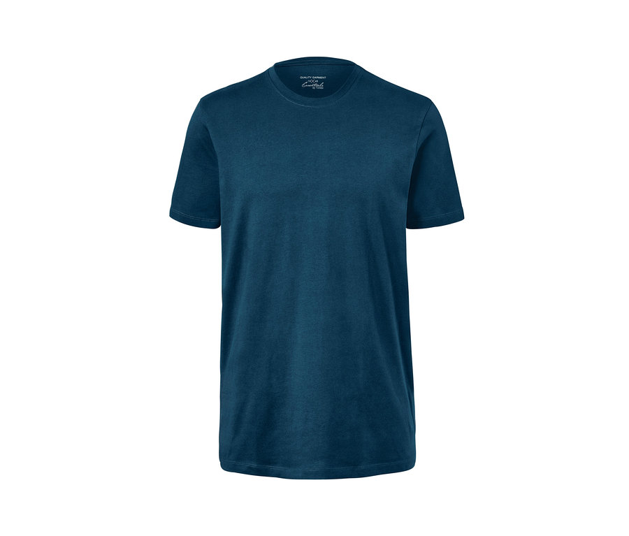Ein marineblaues T-Shirt mit kurzen Ärmeln und Rundhalsausschnitt. 2 T-Shirts mit Rundhalsausschnitt.