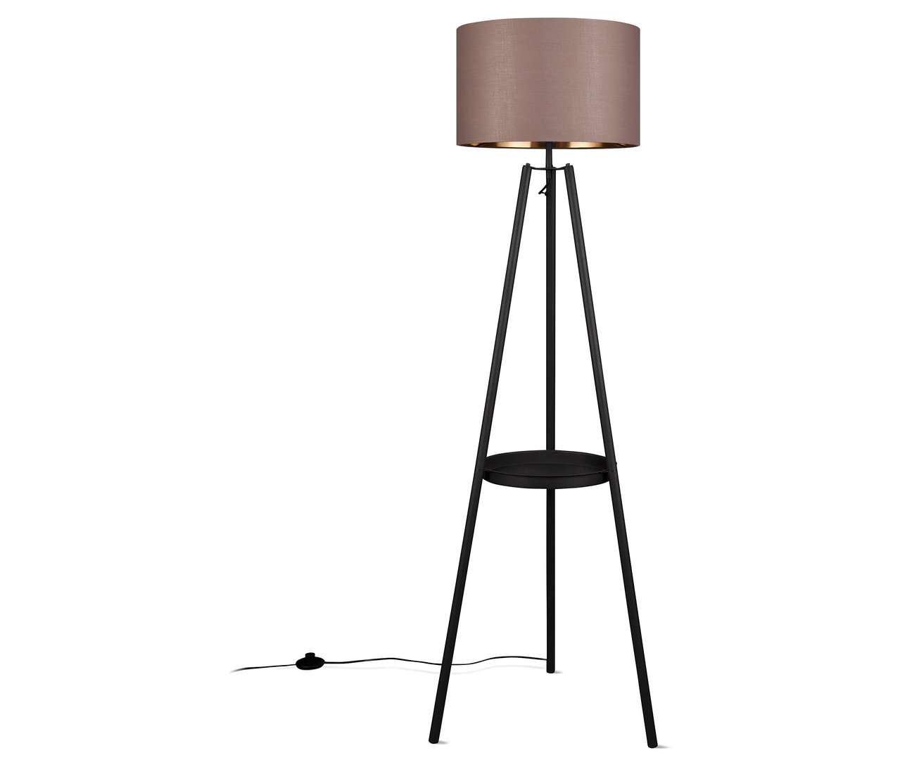 Die Trio Stehleuchte »Colette« hat einen beigen Lampenschirm und ein schwarzes Stativ mit einem kleinen, runden Tisch.