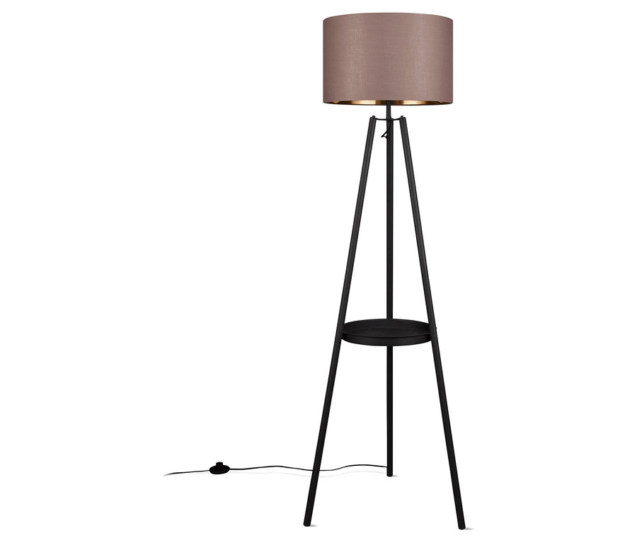 Die Trio Stehleuchte »Colette« hat einen beigen Lampenschirm und ein schwarzes Stativ mit einem kleinen, runden Tisch.