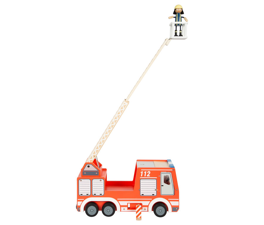 Ein rotes Feuerwehrauto mit einer Feuerwehrmann-Figur auf der Leiter.