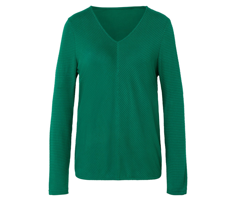 Grüner Pullover mit langen Ärmeln und V-Ausschnitt.