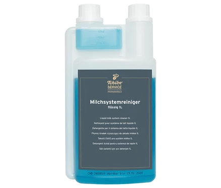 Eine durchsichtige Plastikflasche Milchsystemreiniger flüssig 1L.