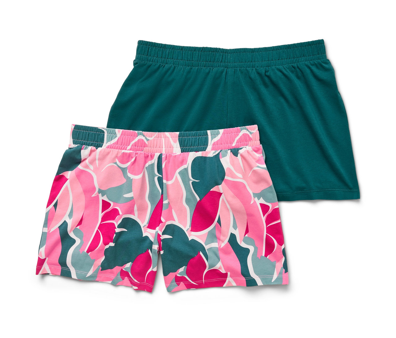 Zwei Shorts, eine in Grün und eine mit rosa-grünem Blumenmuster.