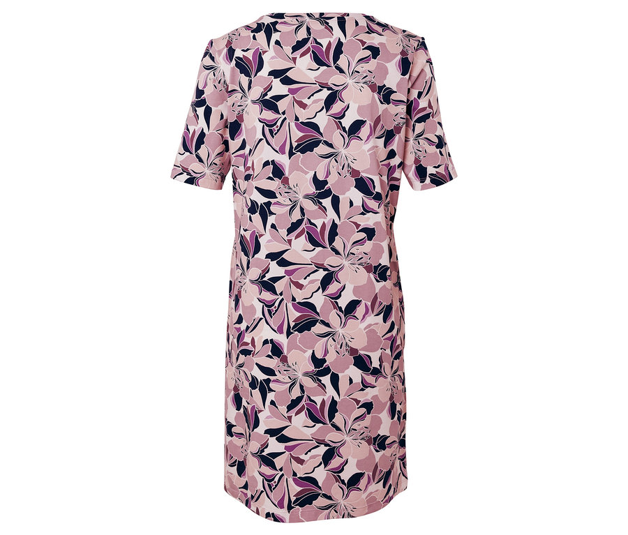 Kurzärmliges Kleid mit Blumenmuster in Rosa-, Lila- und Blautönen.