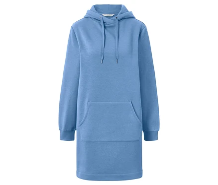 Ein hellblaues Hoodie-Kleid mit Kapuze und Kängurutasche.