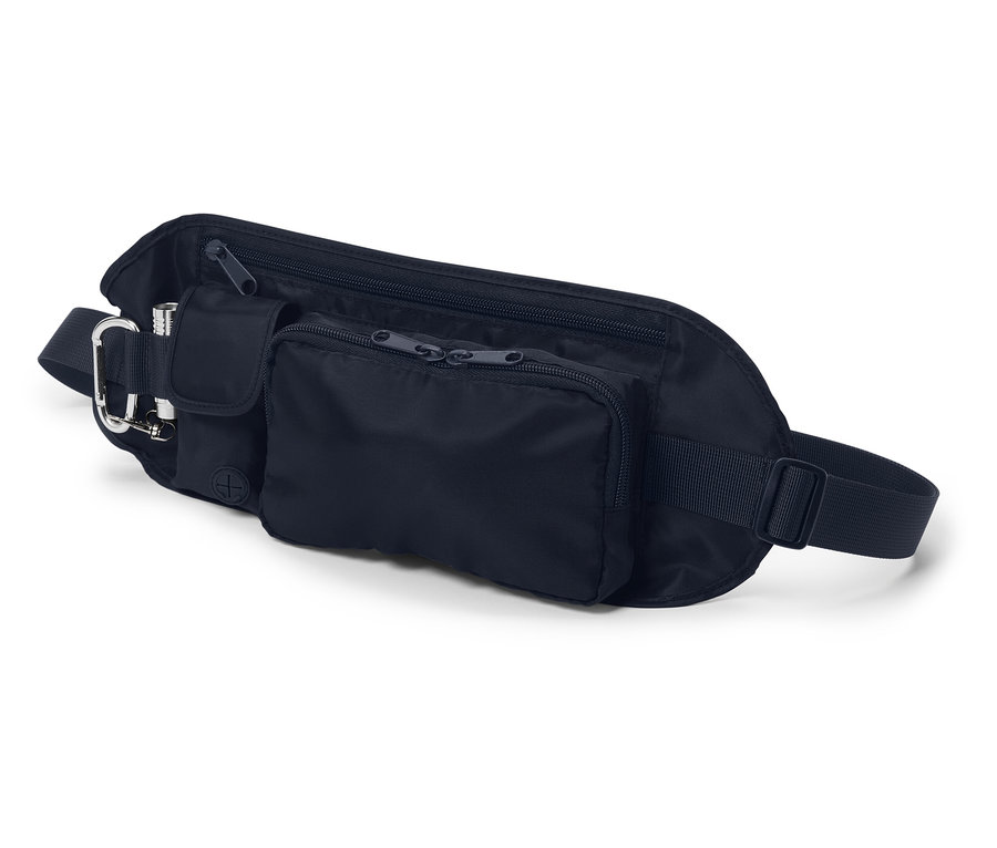 Schwarze Gürteltasche mit mehreren Reißverschlusstaschen.