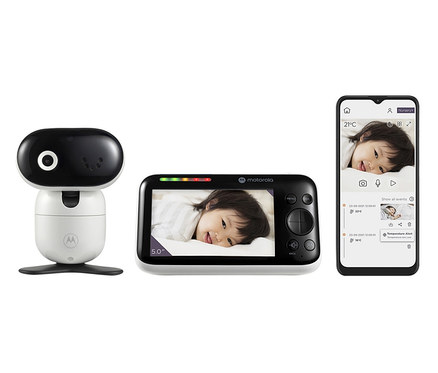 Schwarz-weißes WLAN-Video-Babyphone »PIP1610« und ein Smartphone, das ein schlafendes Kind zeigt.