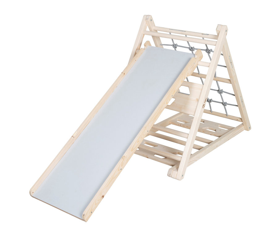 Holz Klettergerüst mit grauer Rutsche, roba Rutschbrett.