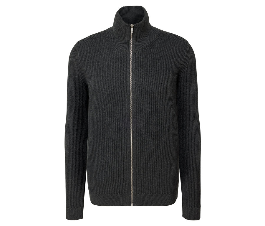 Eine anthrazit melierte Strickjacke mit Reißverschluss.
