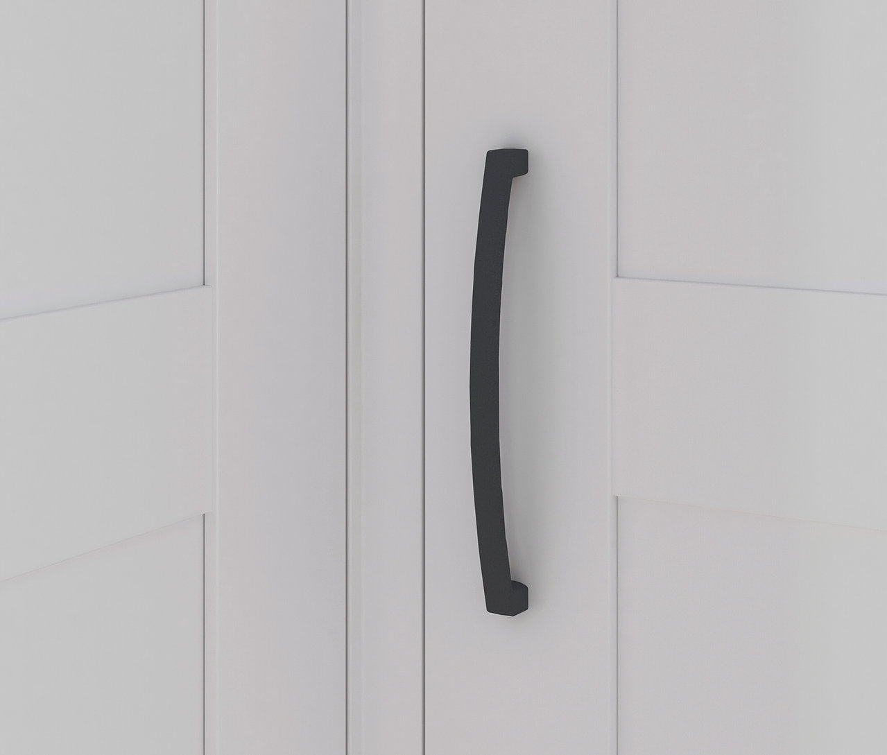Detail einer weißen Schranktür mit einem schwarzen Griff. Rauch Eckschrank »Quadra Spin«, 2-türig