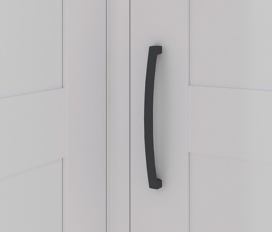 Detail einer weißen Schranktür mit einem schwarzen Griff. Rauch Eckschrank »Quadra Spin«, 2-türig