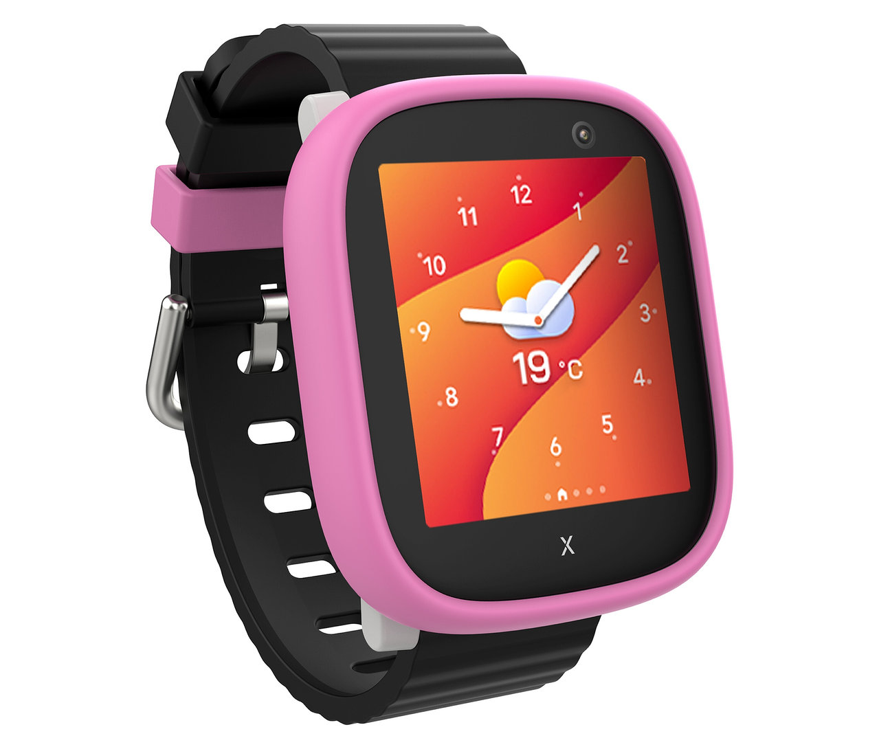 Eine Kinderuhr mit rosa Rahmen und schwarzem Armband zeigt die Uhrzeit und Temperatur an. Produkt: Kids Watch Xplora X6Play.