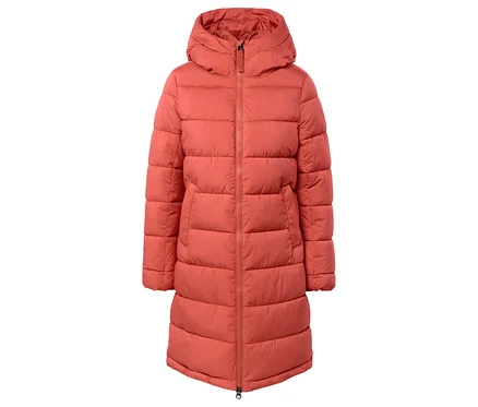 Orangefarbene Steppjacke mit Kapuze und Reißverschluss in der Mitte.