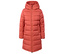 Orangefarbene Steppjacke mit Kapuze und Reißverschluss in der Mitte.