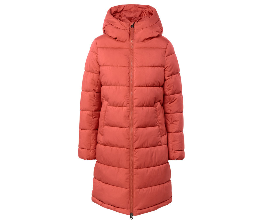 Orangefarbene Steppjacke mit Kapuze und Reißverschluss in der Mitte.