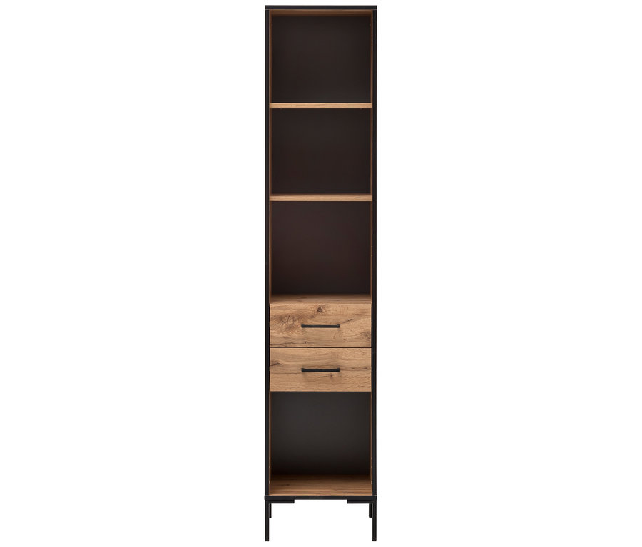 Ein »2000 H 400 R« Bürohochschrank mit Regalen und zwei Schubladen.