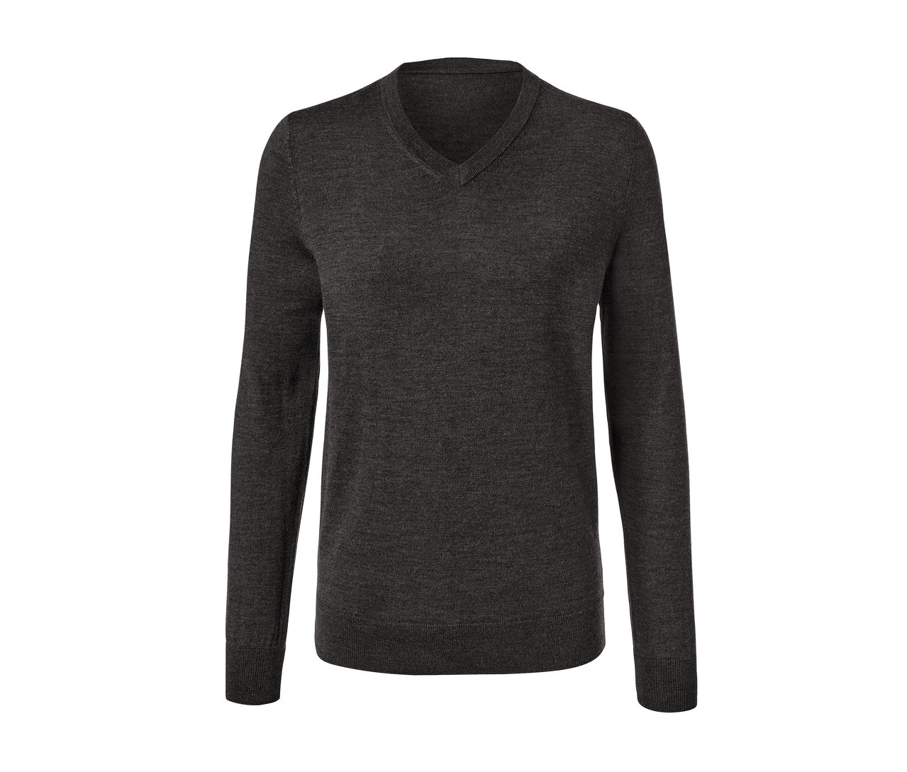 Anthrazitfarbener Merino-Pullover mit V-Ausschnitt.