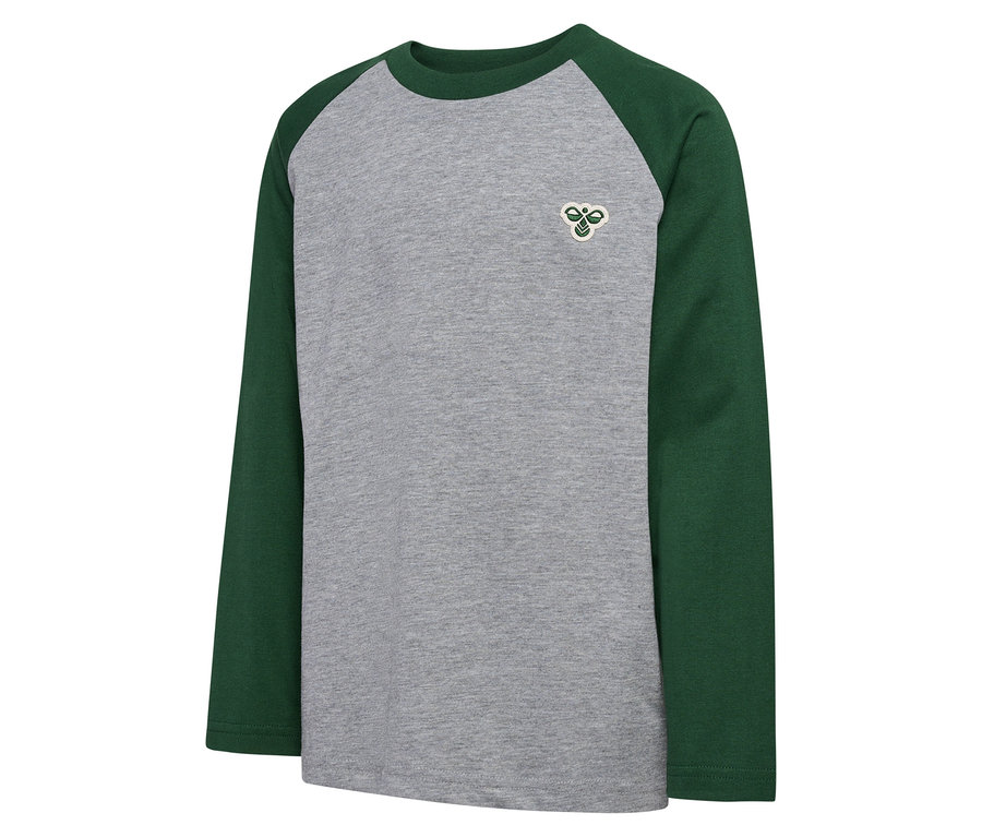 Graues T-Shirt mit langen, grünen Raglanärmeln. HUMMEL HMLJR Raglan Loose T-Shirt BEE, grün
