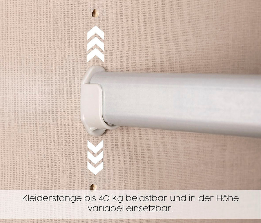Detail einer grauen Kleiderstange, die an einer Wand befestigt ist, mit angedeuteter Höhenverstellbarkeit.