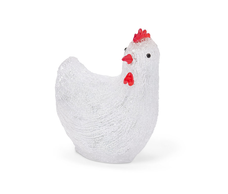 Detailaufnahme einer Solar-LED-Henne für den Außenbereich, weiß mit rotem Kamm.