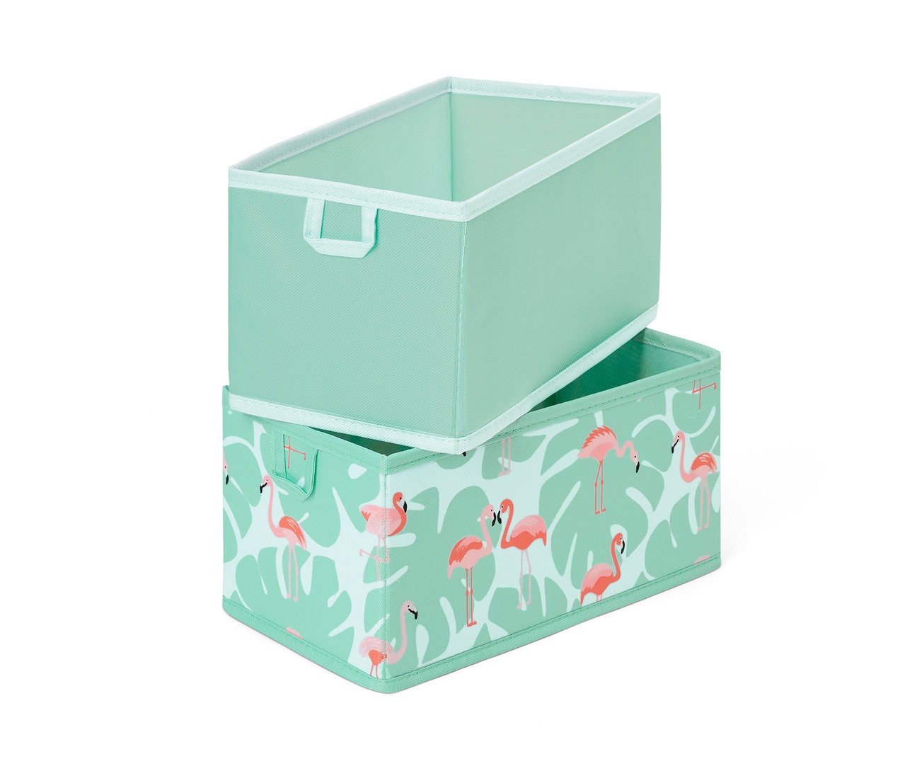 Zwei Schubladen-Ordnungsboxen sind übereinander gestapelt. Eine ist hellgrün, die andere hat einen Flamingo-Aufdruck.