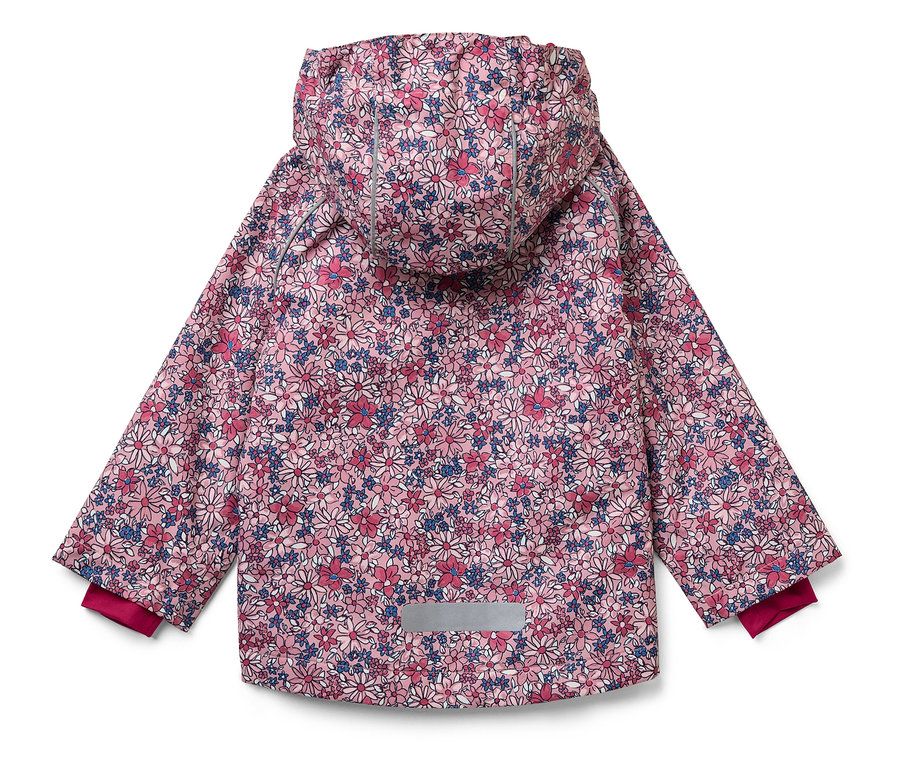 Rosa, geblümte Jacke mit Kapuze, Rückansicht.