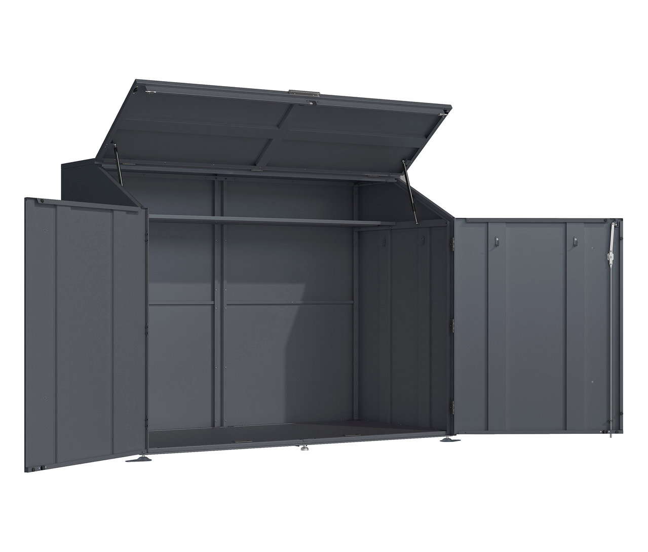 Geöffneter grauer Geräteschuppen mit hochgeklapptem Deckel und geöffneten Doppeltüren.