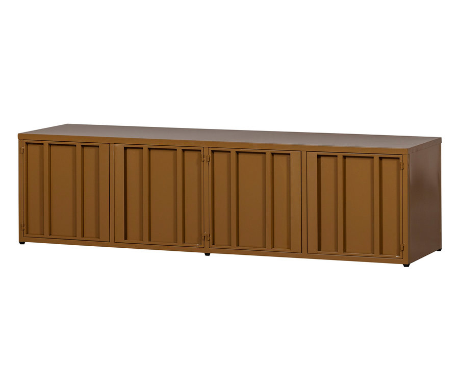 Ein langer, brauner Schrank mit vier Türen steht vor einem weißen Hintergrund.